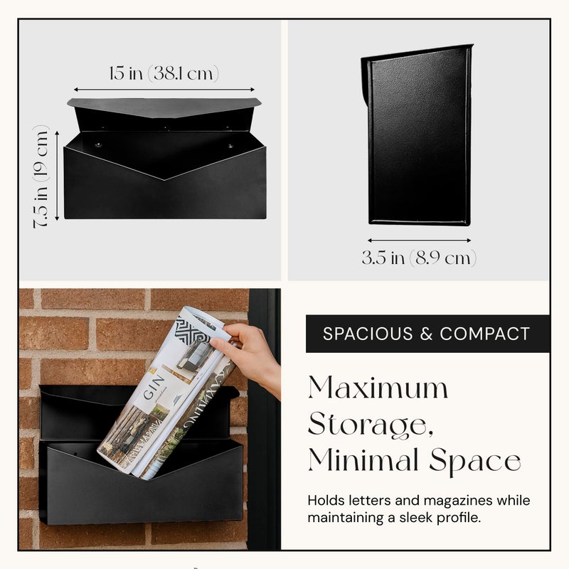 NACH Black Envelope Wall Mount Mailbox, Rust Resistant Metal Mailbox, Black Mailbox Wall Mount, Mailboxes for Outside Wall Mount, Outdoor Mailboxes, Wall Mailbox, 14.1 x 3.5 x 6 Inches, MB-6915BLK - Image 4